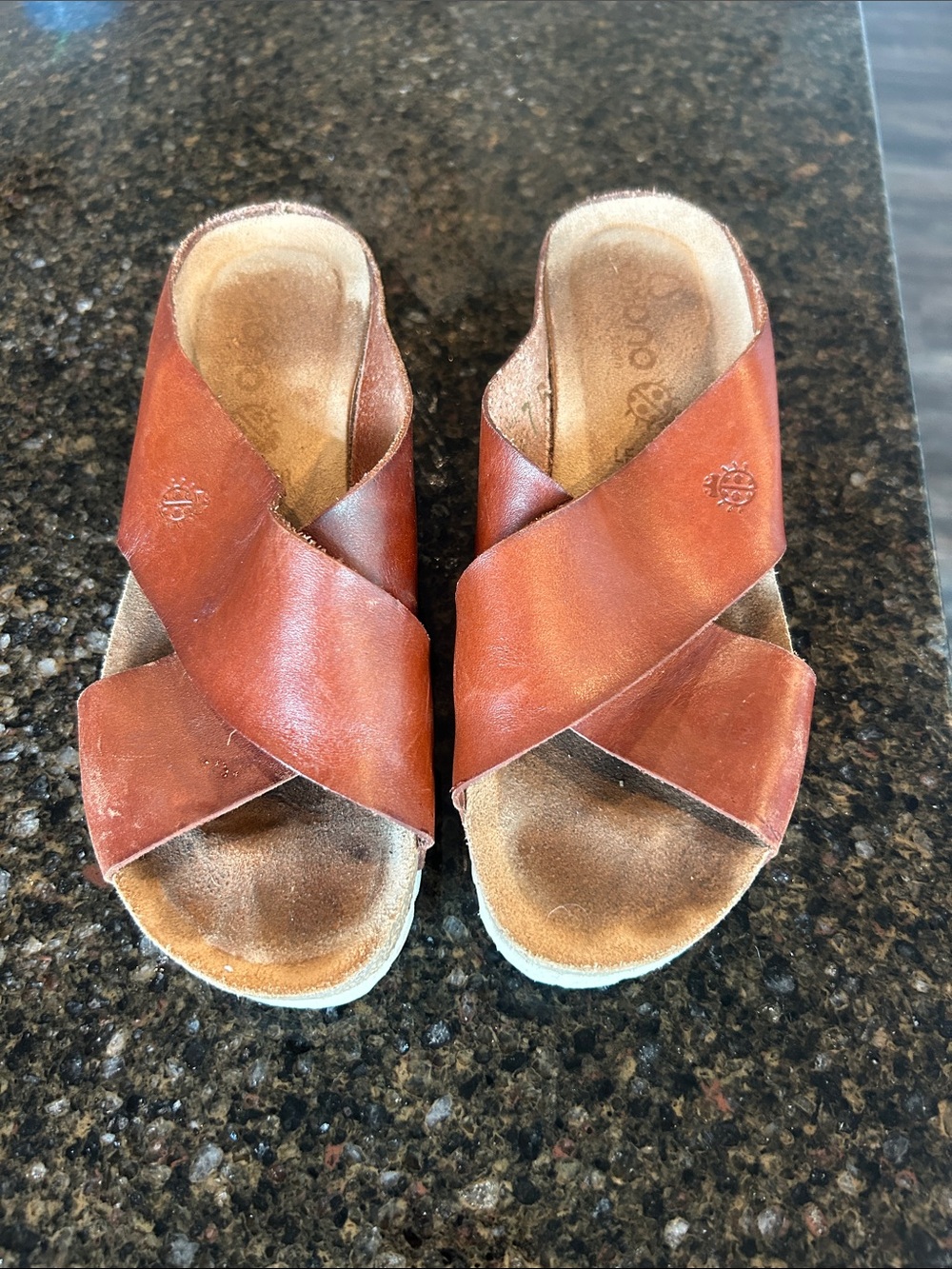 Rust Brown Leather Crisscross Slide Wedges